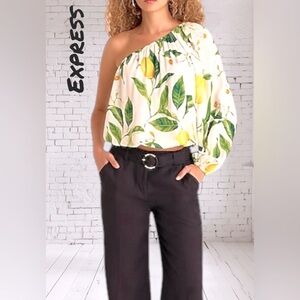 Express Lemon Floral One Shoulder Balloon Sleeve Ruched Top - Size XL